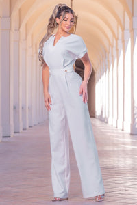 White V-neck Solid Jumpsuit