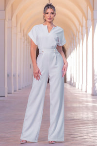 White V-neck Solid Jumpsuit