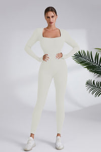 Milky White Square Neck Ribbed Long Sleeve Jumpsuit