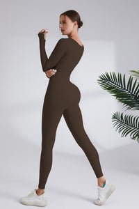 Coffee Square Neck Ribbed Long Sleeve Jumpsuit