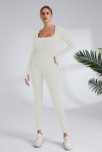 Milky White Square Neck Ribbed Long Sleeve Jumpsuit