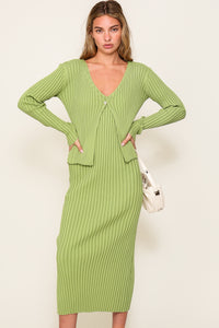 Apple Green Ribbed Long Sleeve Cardigan Midi Dress