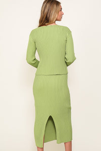 Apple Green Ribbed Long Sleeve Cardigan Midi Dress