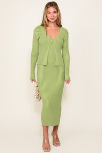 Apple Green Ribbed Long Sleeve Cardigan Midi Dress