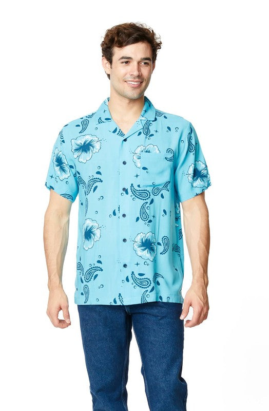 Turquoise Men's Rayon Printed Short Sleeve Shirt