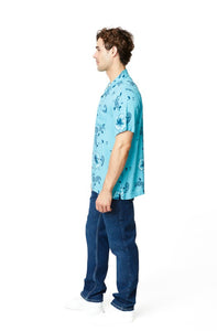 Turquoise Men's Rayon Printed Short Sleeve Shirt