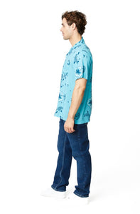 Turquoise Men's Rayon Printed Short Sleeve Shirt