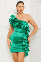 Green Satin Ruffle Trail One Shoulder Mini Dress