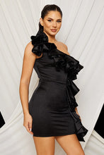 Black Satin Ruffle Trail One Shoulder Mini Dress