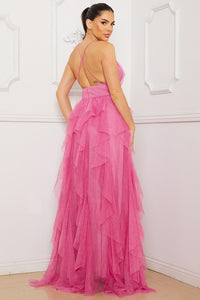 Pink Mesh Ruffle Cami Neck Maxi Dress