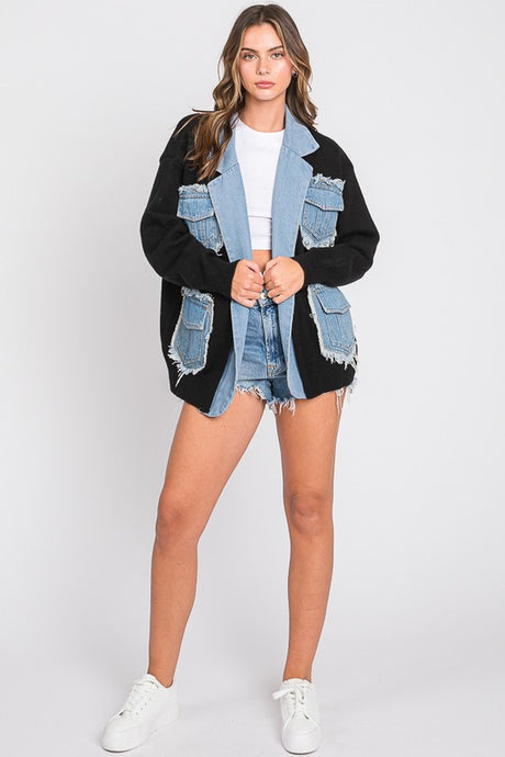 Black Denim Sweater Mix Jacket