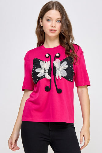 Fuchsia Rhinestone Detail Graphic Soft Fab T Shirt