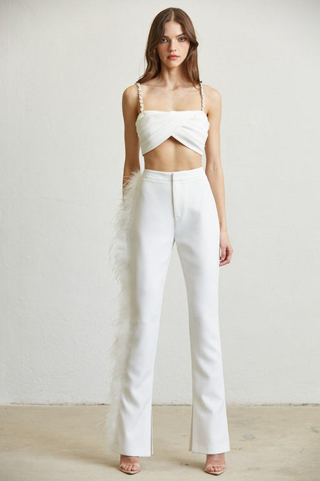 White Feather Trim Top And Pant Set