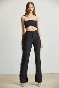 Black Feather Trim Top And Pant Set