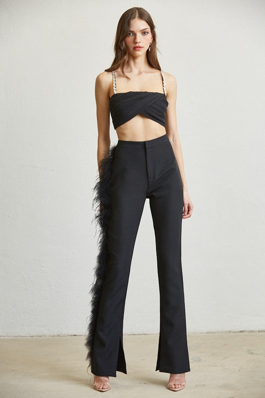 Black Feather Trim Top And Pant Set