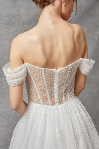 Off White Off Shoulder Illusion Top Pearl Wedding Gown