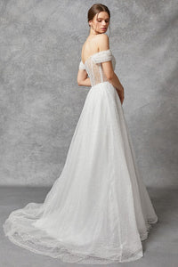 Off White Off Shoulder Illusion Top Pearl Wedding Gown