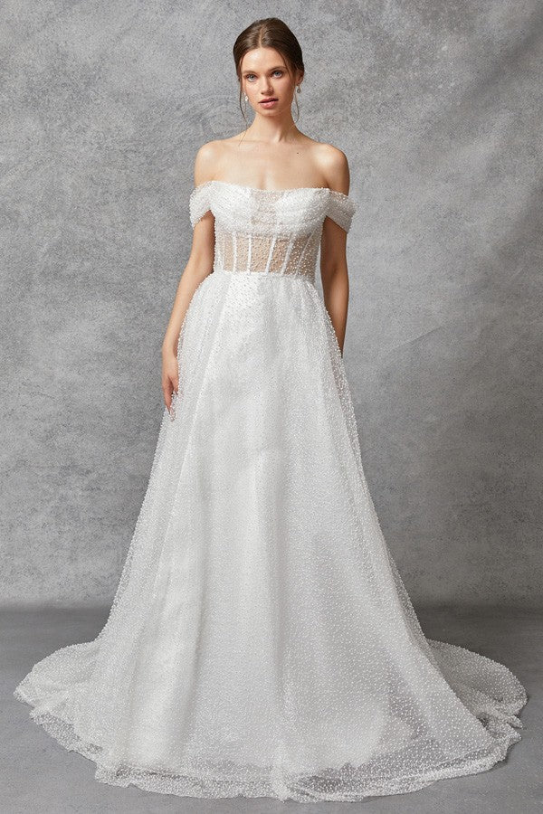 Off White Off Shoulder Illusion Top Pearl Wedding Gown