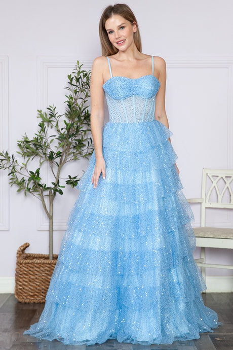 Blue Bustier Top A Line Sparkle Dress