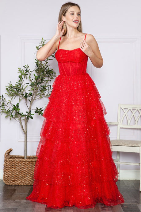 Red Bustier Top A Line Sparkle Dress