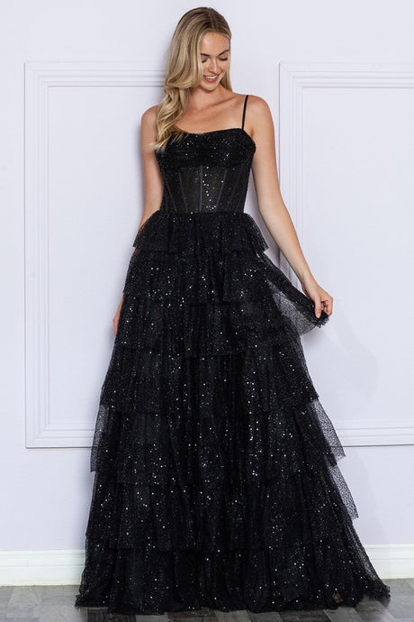 Black Bustier Top A Line Sparkle Dress