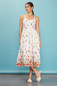 Ivory-Red Sleeveless Floral Border Print Midi Dress