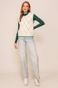 Ivory/Green Diamond Twist Sweater Vest