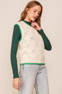 Ivory/Green Diamond Twist Sweater Vest