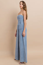 Light Denim Off Shoulder Wide Leg Denim Jumpsuit