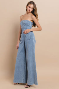 Light Denim Off Shoulder Wide Leg Denim Jumpsuit