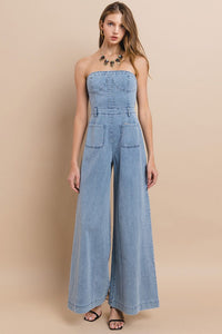 Light Denim Off Shoulder Wide Leg Denim Jumpsuit