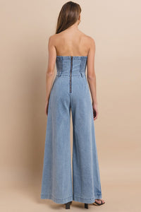 Light Denim Off Shoulder Wide Leg Denim Jumpsuit