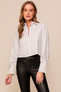 Ivory/Blue Striped Cropped Button Down Shirt