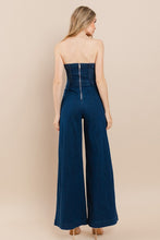 Dark Denim Off Shoulder Wide Leg Denim Jumpsuit