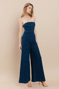 Dark Denim Off Shoulder Wide Leg Denim Jumpsuit