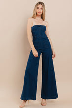 Dark Denim Off Shoulder Wide Leg Denim Jumpsuit