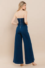 Dark Denim Off Shoulder Wide Leg Denim Jumpsuit