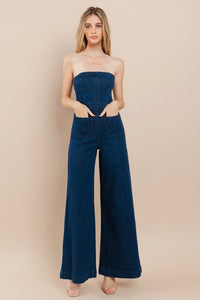 Dark Denim Off Shoulder Wide Leg Denim Jumpsuit