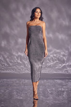 Silver Metallic Rhinestone Midi Party Dress
