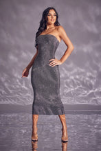 Silver Metallic Rhinestone Midi Party Dress