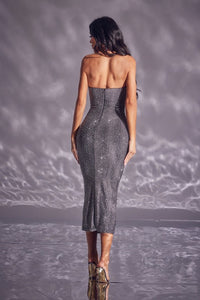 Silver Metallic Rhinestone Midi Party Dress