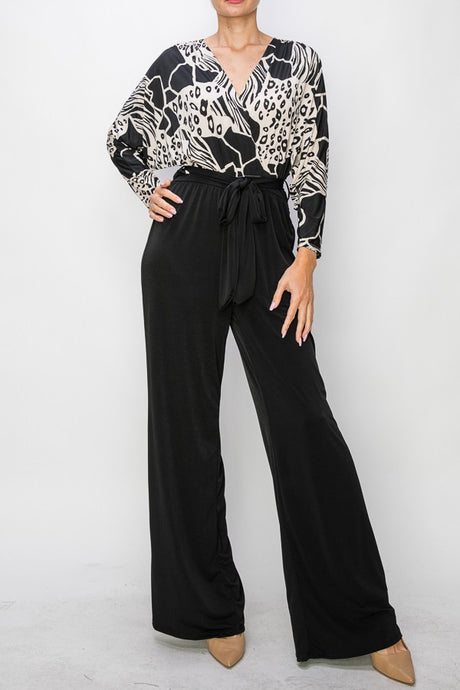 Black Venechia Wrap Jumpsuit With 3/4 Sleeves