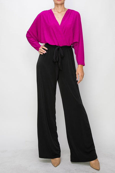 Fushcia Gliler Wrap Jumpsuit With 3/4 Sleeves
