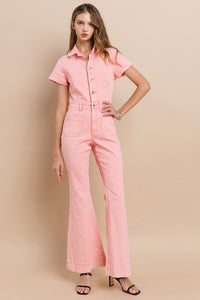 Rose Petite Acid Washed Denim Flared Jumpsuit