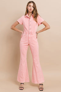 Rose Petite Acid Washed Denim Flared Jumpsuit