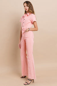 Rose Petite Acid Washed Denim Flared Jumpsuit