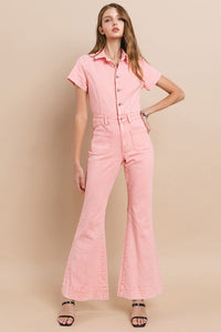 Rose Petite Acid Washed Denim Flared Jumpsuit