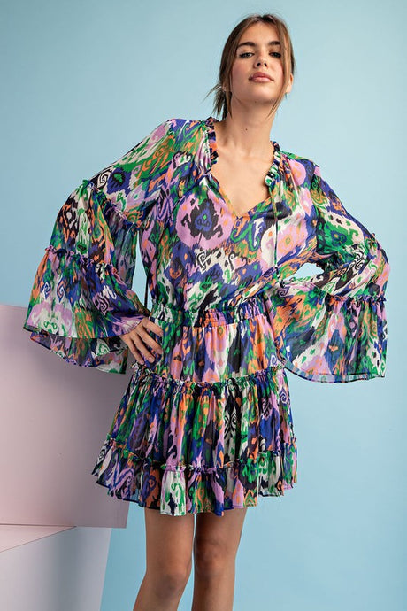 Royal Blue Printed Bell Sleeve Mini Dress