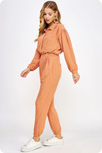 Apricot Tan Collared Button Down Textured Knit Jumpsuit
