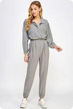 Heather Gray Tan Collared Button Down Textured Knit Jumpsuit